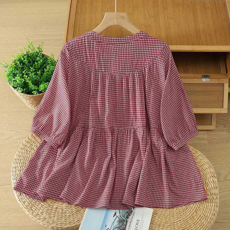 Buddha Stones Camisa de manga corta para mujer, estilo casual veraniego, vintage, a cuadros rojos, con cuello redondo y botones. - image 1
