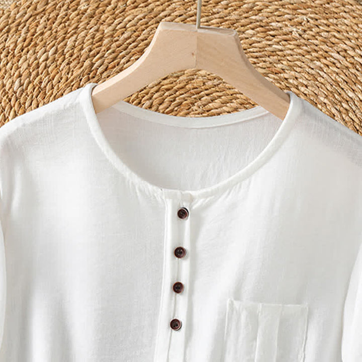 Buddha Stones Camisa de manga tres cuartos para mujer, estilo casual de primavera, minimalista, con botones y bolsillo de parche. - image 31