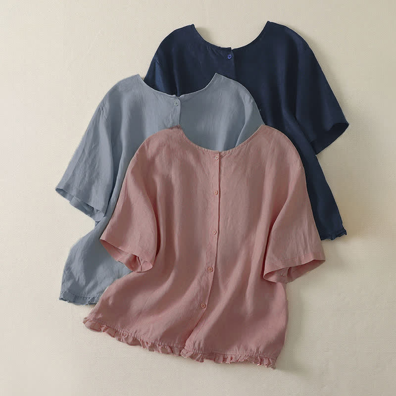 Buddha Stones Camisetas de manga corta para mujer, estilo casual veraniego, minimalistas, con volantes en el bajo y color liso. - image 1