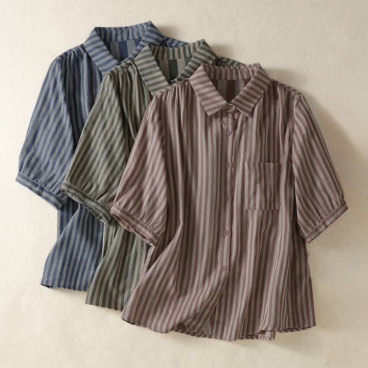 Buddha Stones Camisa de manga corta a rayas para mujer, estilo casual de verano, con botones y bolsillo de parche. - image 29