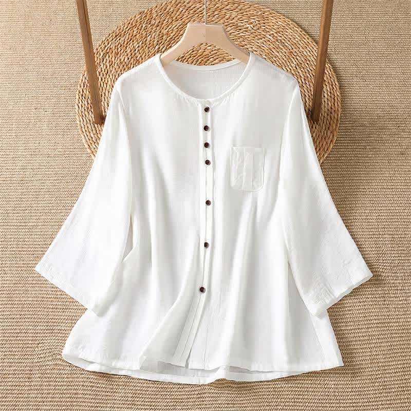 Buddha Stones Camisa de manga tres cuartos para mujer, estilo casual de primavera, minimalista, con botones y bolsillo de parche. - Blanco - US4-8/10, UK/AU8-12/14, EU36-40/42 (F) - image 29