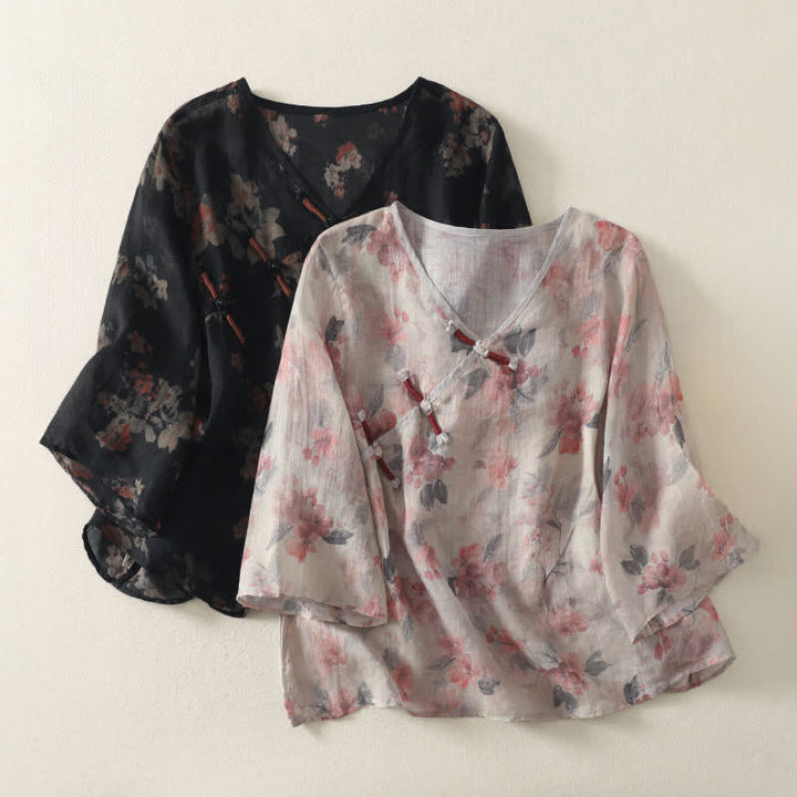 Buddha Stones Camisas de manga hasta el codo para mujer, estilo vintage, con botones de rana y cuello en V, con estampado floral, de Summer Tang Style. - image 14