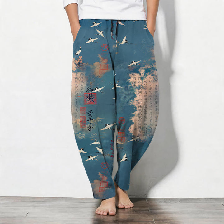 Buddha Stones Pantalones de hombre de algodón puro con estampado de caligrafía de grullas y nubes, cordón ajustable y corte cónico, con bolsillos. - Verde azulado - US/UK/AU50, EU60 (5XL) - image 0