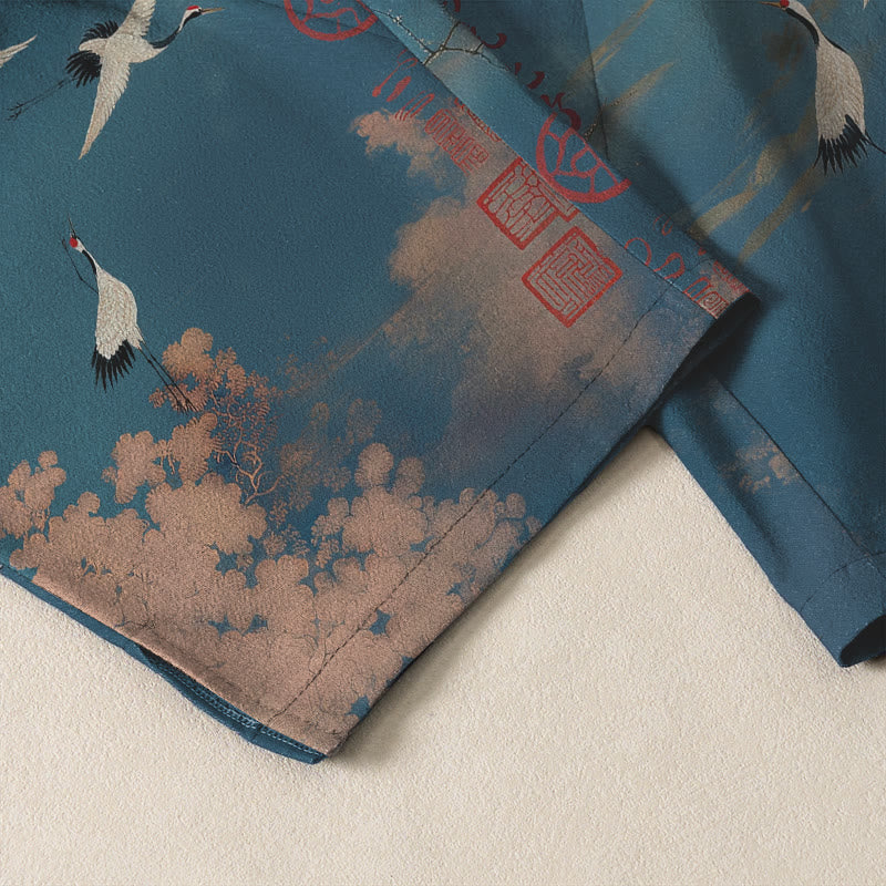 Buddha Stones Pantalones de hombre de algodón puro con estampado de caligrafía de grullas y nubes, cordón ajustable y corte cónico, con bolsillos. - image 5