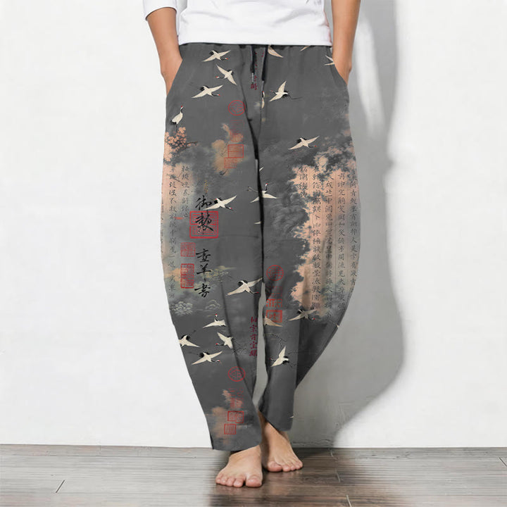 Buddha Stones Pantalones de hombre de algodón puro con estampado de caligrafía de grullas y nubes, cordón ajustable y corte cónico, con bolsillos. - Gris oscuro - US/UK/AU50, EU60 (5XL) - image 7
