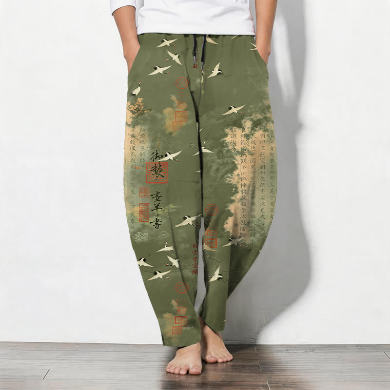 Buddha Stones Pantalones de hombre de algodón puro con estampado de caligrafía de grullas y nubes, cordón ajustable y corte cónico, con bolsillos. - Verde oliva - US/UK/AU50, EU60 (5XL) - image 11