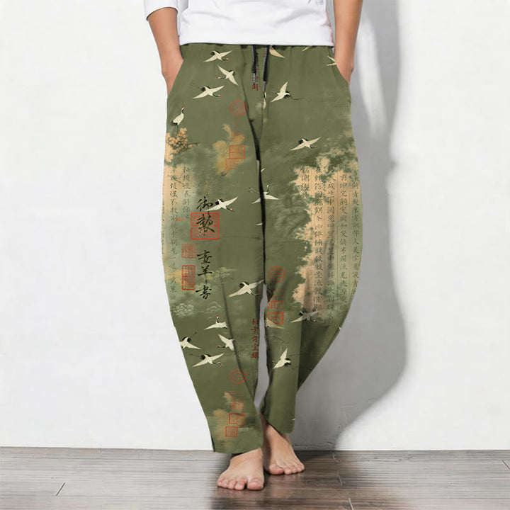 Buddha Stones Pantalones de hombre de algodón puro con estampado de caligrafía de grullas y nubes, cordón ajustable y corte cónico, con bolsillos. - Verde oliva - US/UK/AU50, EU60 (5XL) - image 11