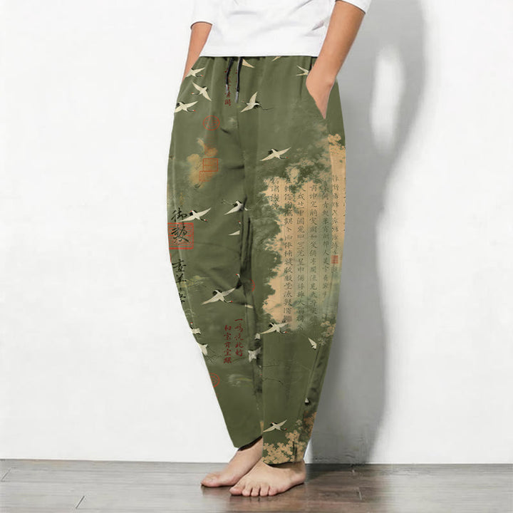 Buddha Stones Pantalones de hombre de algodón puro con estampado de caligrafía de grullas y nubes, cordón ajustable y corte cónico, con bolsillos. - image 12