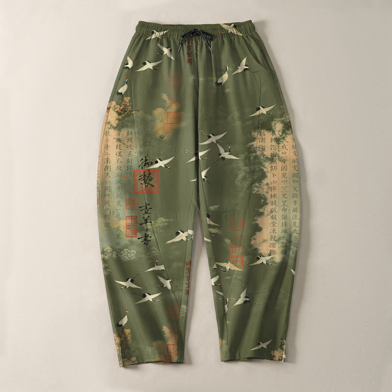 Buddha Stones Pantalones de hombre de algodón puro con estampado de caligrafía de grullas y nubes, cordón ajustable y corte cónico, con bolsillos. - image 13