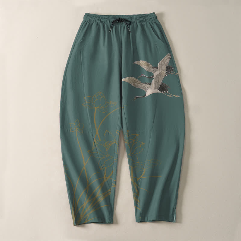 Buddha Stones Pantalones de hombre de algodón puro con estampado de grullas voladoras y flores de loto, con cordón ajustable y corte ajustado, y bolsillos. - image 13