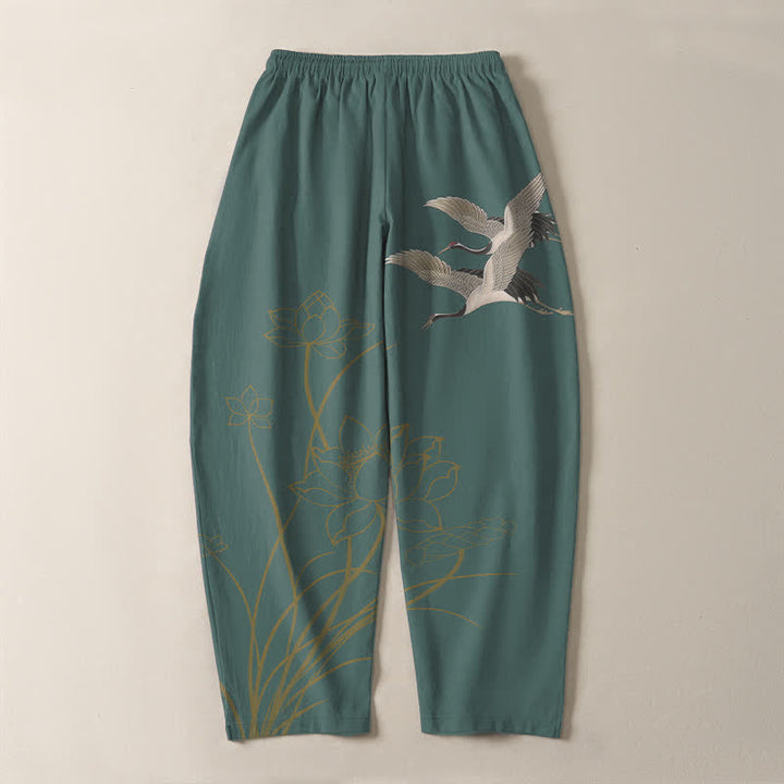 Buddha Stones Pantalones de hombre de algodón puro con estampado de grullas voladoras y flores de loto, con cordón ajustable y corte ajustado, y bolsillos. - image 14