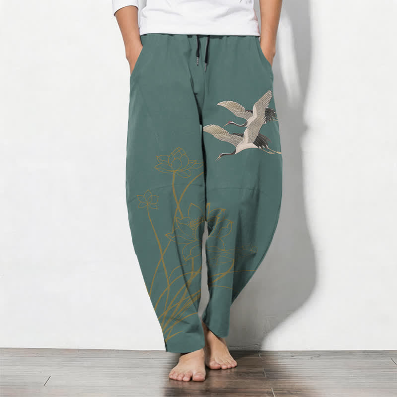 Buddha Stones Pantalones de hombre de algodón puro con estampado de grullas voladoras y flores de loto, con cordón ajustable y corte ajustado, y bolsillos. - Verde azulado - US/UK/AU50, EU60 (5XL) - image 11
