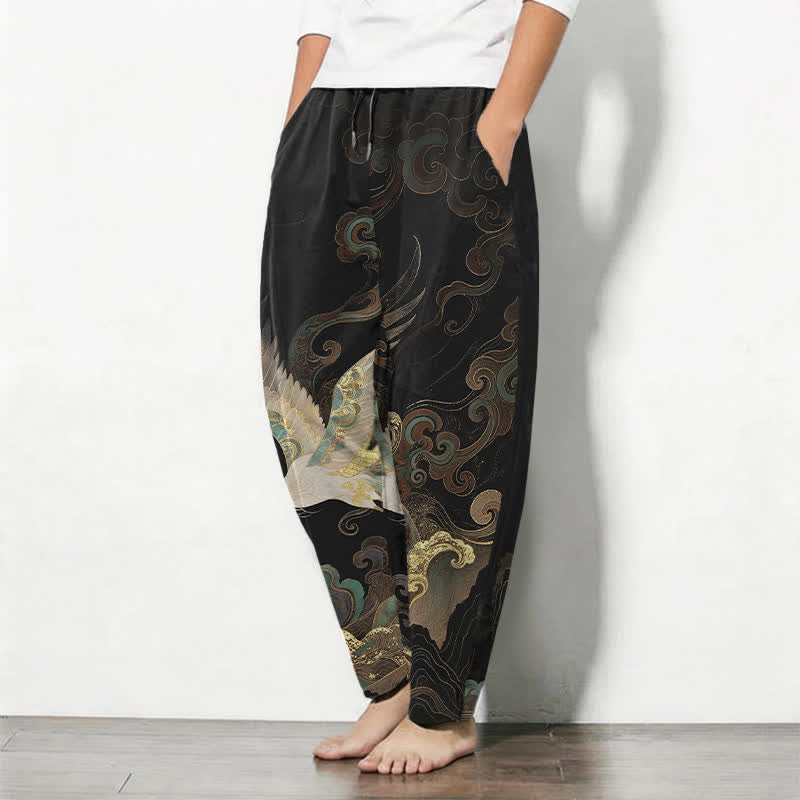 Buddha Stones Pantalones de hombre de algodón puro con estampado de nubes, grullas y olas, con cordón ajustable y corte ajustado, y bolsillos. - image 1