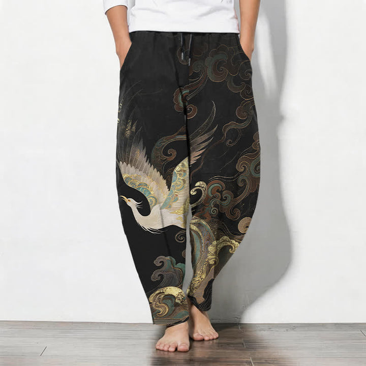 Buddha Stones Pantalones de hombre de algodón puro con estampado de nubes, grullas y olas, con cordón ajustable y corte ajustado, y bolsillos. - Negro - US/UK/AU50, EU60 (5XL) - image 0
