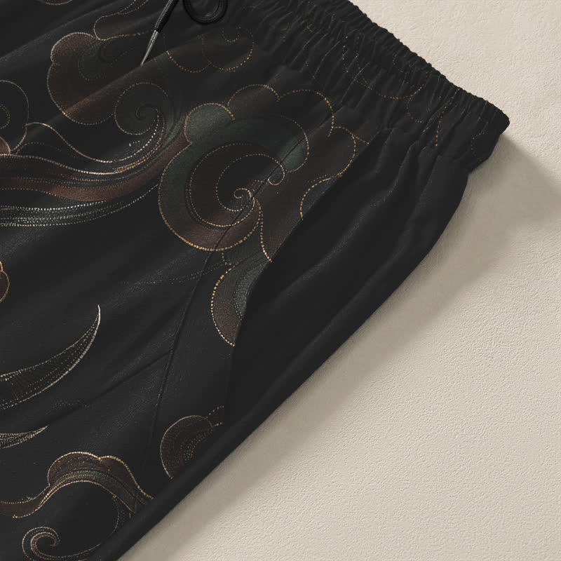 Buddha Stones Pantalones de hombre de algodón puro con estampado de nubes, grullas y olas, con cordón ajustable y corte ajustado, y bolsillos. - image 4