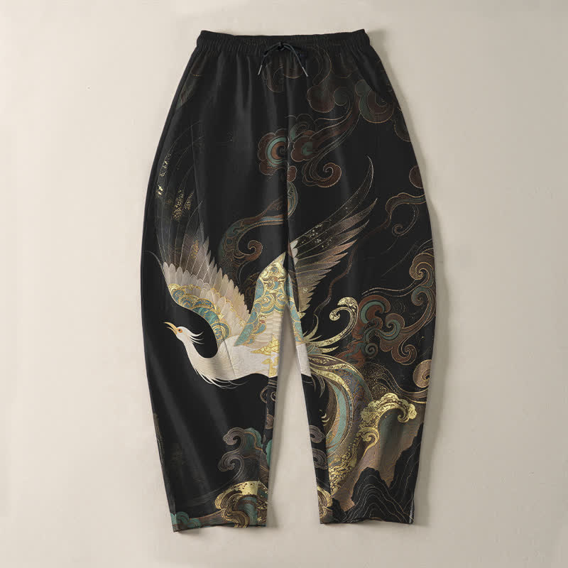 Buddha Stones Pantalones de hombre de algodón puro con estampado de nubes, grullas y olas, con cordón ajustable y corte ajustado, y bolsillos. - image 2