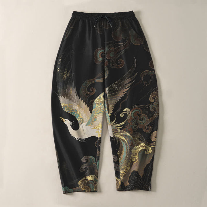 Buddha Stones Pantalones de hombre de algodón puro con estampado de nubes, grullas y olas, con cordón ajustable y corte ajustado, y bolsillos. - image 2