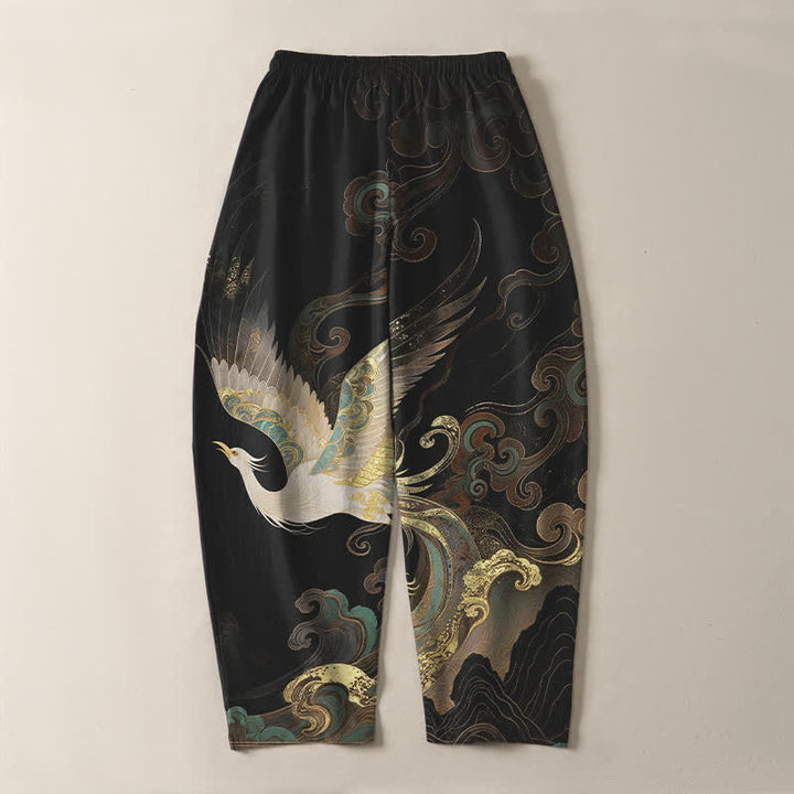 Buddha Stones Pantalones de hombre de algodón puro con estampado de nubes, grullas y olas, con cordón ajustable y corte ajustado, y bolsillos. - image 3