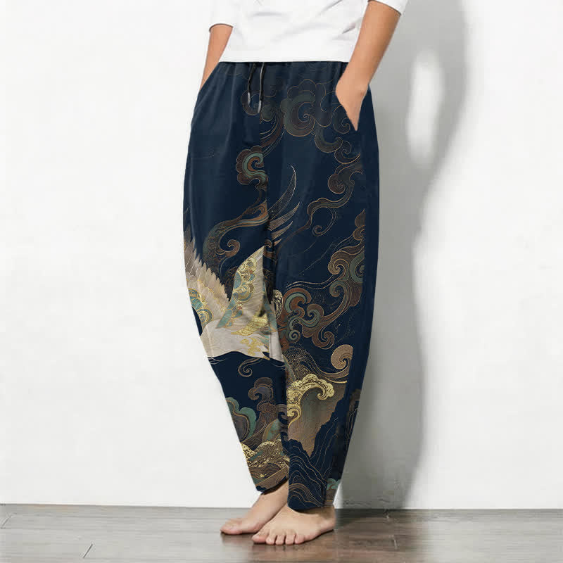 Buddha Stones Pantalones de hombre de algodón puro con estampado de nubes, grullas y olas, con cordón ajustable y corte ajustado, y bolsillos. - image 8