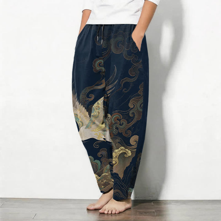 Buddha Stones Pantalones de hombre de algodón puro con estampado de nubes, grullas y olas, con cordón ajustable y corte ajustado, y bolsillos. - image 8