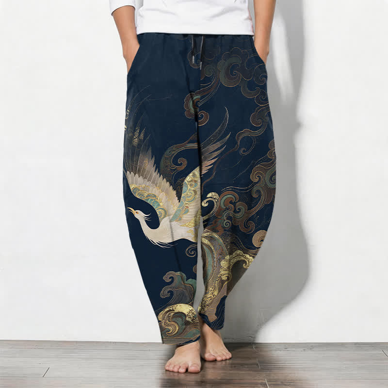 Buddha Stones Pantalones de hombre de algodón puro con estampado de nubes, grullas y olas, con cordón ajustable y corte ajustado, y bolsillos. - Azul medianoche - US/UK/AU50, EU60 (5XL) - image 7