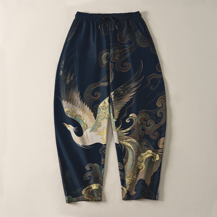 Buddha Stones Pantalones de hombre de algodón puro con estampado de nubes, grullas y olas, con cordón ajustable y corte ajustado, y bolsillos. - image 9