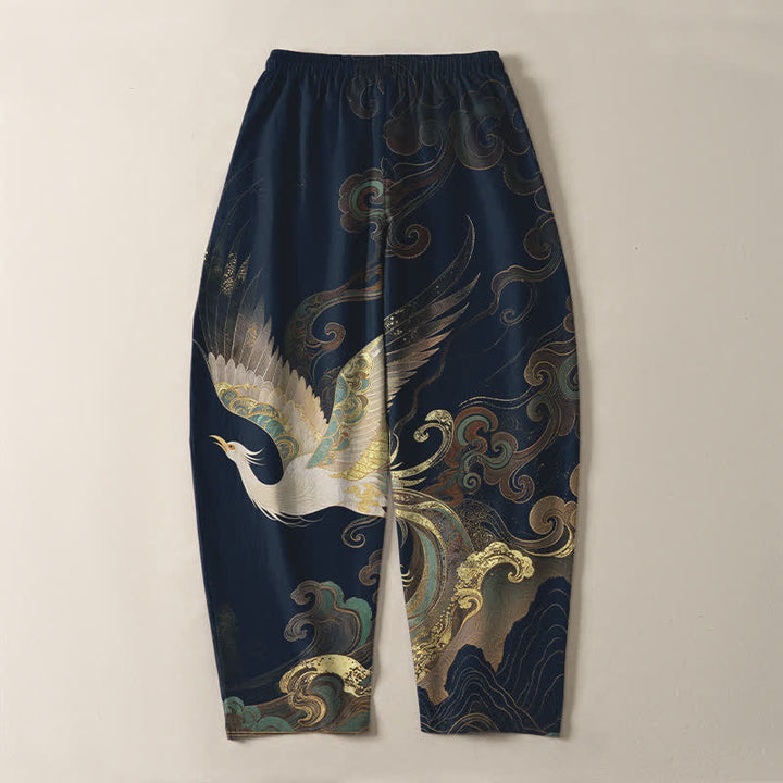 Buddha Stones Pantalones de hombre de algodón puro con estampado de nubes, grullas y olas, con cordón ajustable y corte ajustado, y bolsillos. - image 10