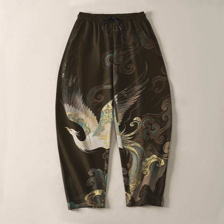 Buddha Stones Pantalones de hombre de algodón puro con estampado de nubes, grullas y olas, con cordón ajustable y corte ajustado, y bolsillos. - image 13