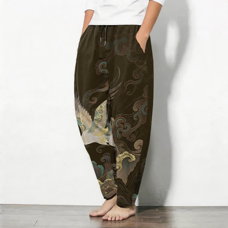 Buddha Stones Pantalones de hombre de algodón puro con estampado de nubes, grullas y olas, con cordón ajustable y corte ajustado, y bolsillos. - image 12