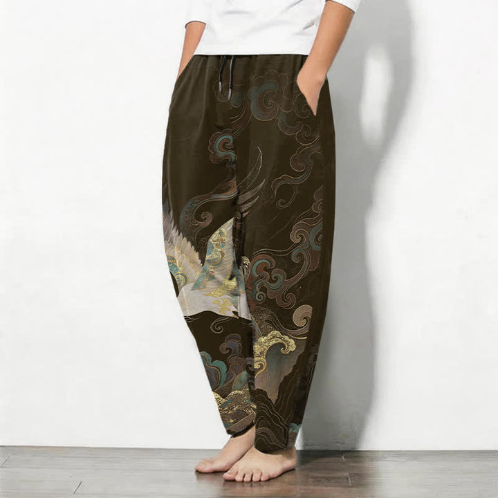 Buddha Stones Pantalones de hombre de algodón puro con estampado de nubes, grullas y olas, con cordón ajustable y corte ajustado, y bolsillos. - image 12