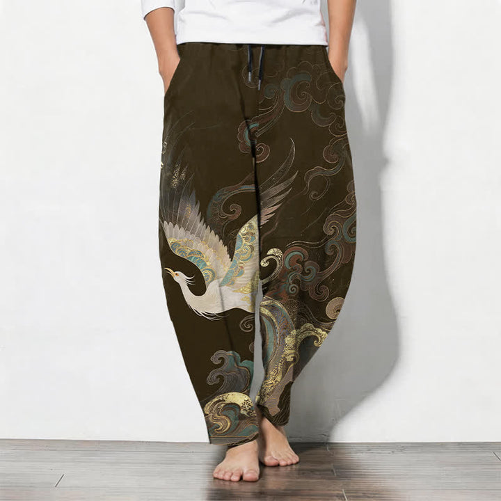 Buddha Stones Pantalones de hombre de algodón puro con estampado de nubes, grullas y olas, con cordón ajustable y corte ajustado, y bolsillos. - Marrón silla de montar - US/UK/AU50, EU60 (5XL) - image 11