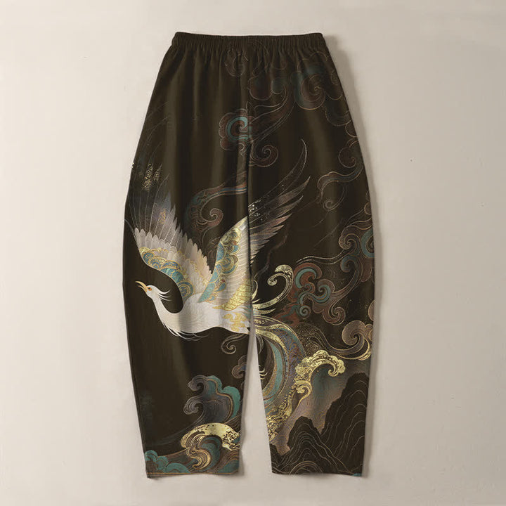 Buddha Stones Pantalones de hombre de algodón puro con estampado de nubes, grullas y olas, con cordón ajustable y corte ajustado, y bolsillos. - image 14