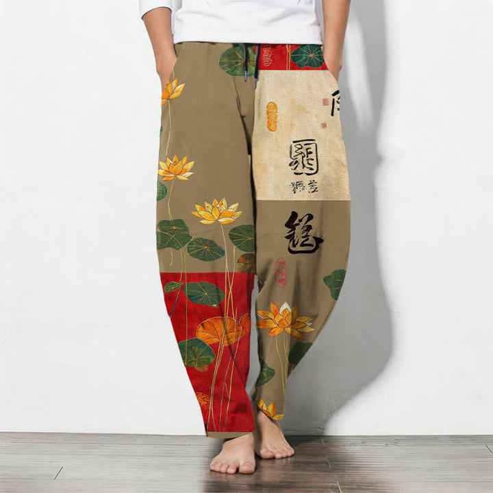 Buddha Stones Pantalones de hombre de algodón puro con estampado de patchwork de caligrafía de loto, cordón ajustable y corte cónico con bolsillos. - Broncearse - US/UK/AU50, EU60 (5XL) - image 7