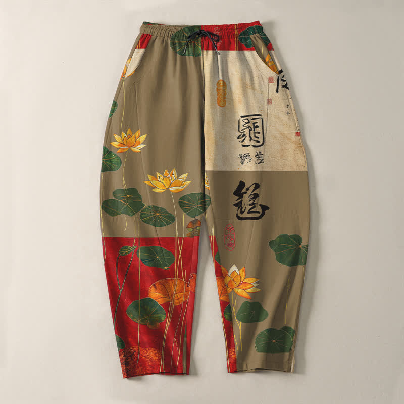 Buddha Stones Pantalones de hombre de algodón puro con estampado de patchwork de caligrafía de loto, cordón ajustable y corte cónico con bolsillos. - image 9