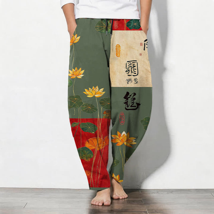 Buddha Stones Pantalones de hombre de algodón puro con estampado de patchwork de caligrafía de loto, cordón ajustable y corte cónico con bolsillos. - Verde oliva - US/UK/AU50, EU60 (5XL) - image 11