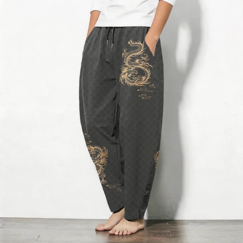 Buddha Stones Pantalones de hombre de algodón puro con estampado de dragón dorado, cordón ajustable y corte cónico, con bolsillos. - image 1