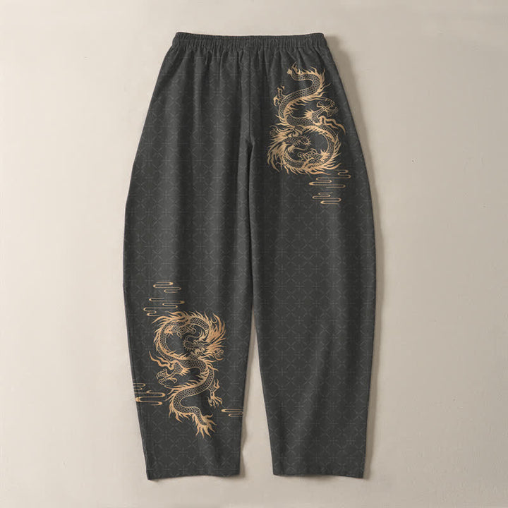 Buddha Stones Pantalones de hombre de algodón puro con estampado de dragón dorado, cordón ajustable y corte cónico, con bolsillos. - image 3