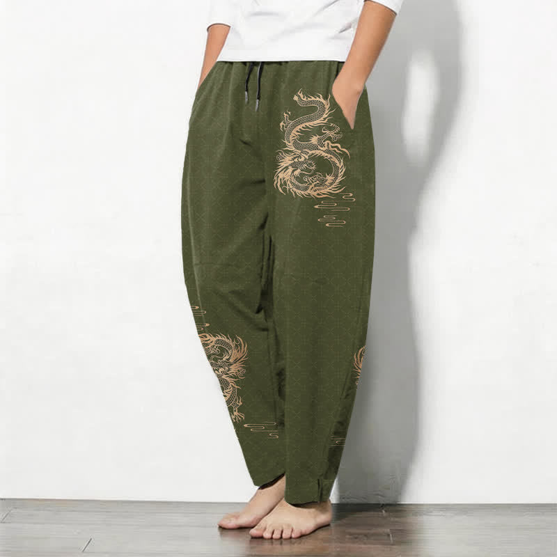 Buddha Stones Pantalones de hombre de algodón puro con estampado de dragón dorado, cordón ajustable y corte cónico, con bolsillos. - image 8