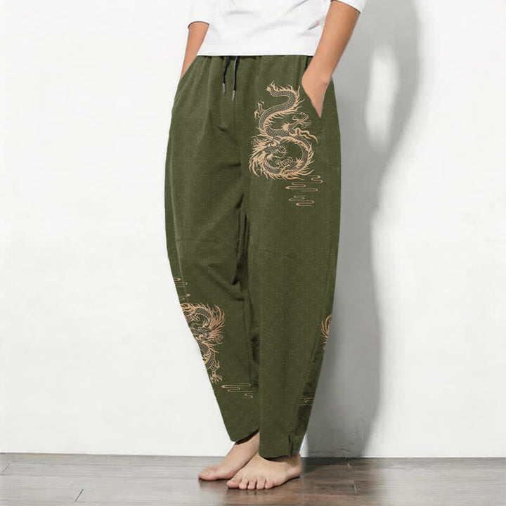 Buddha Stones Pantalones de hombre de algodón puro con estampado de dragón dorado, cordón ajustable y corte cónico, con bolsillos. - image 8