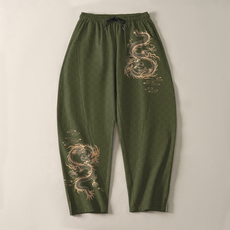 Buddha Stones Pantalones de hombre de algodón puro con estampado de dragón dorado, cordón ajustable y corte cónico, con bolsillos. - image 9