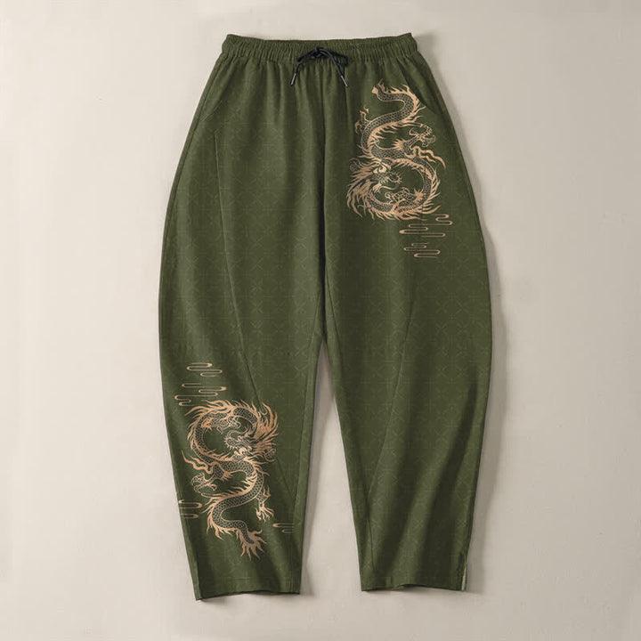 Buddha Stones Pantalones de hombre de algodón puro con estampado de dragón dorado, cordón ajustable y corte cónico, con bolsillos. - image 9