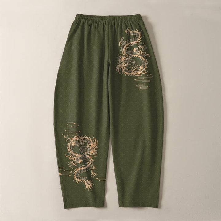 Buddha Stones Pantalones de hombre de algodón puro con estampado de dragón dorado, cordón ajustable y corte cónico, con bolsillos. - image 10