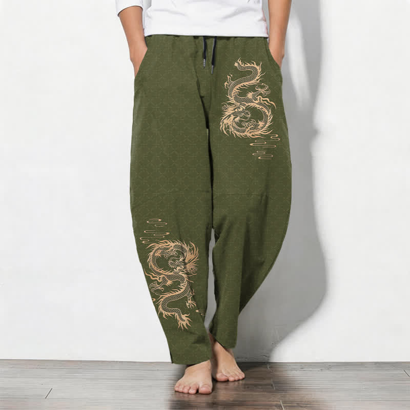 Buddha Stones Pantalones de hombre de algodón puro con estampado de dragón dorado, cordón ajustable y corte cónico, con bolsillos. - Verde oliva - US/UK/AU50, EU60 (5XL) - image 7