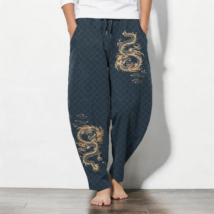 Buddha Stones Pantalones de hombre de algodón puro con estampado de dragón dorado, cordón ajustable y corte cónico, con bolsillos. - Gris pizarra oscuro - US/UK/AU50, EU60 (5XL) - image 11