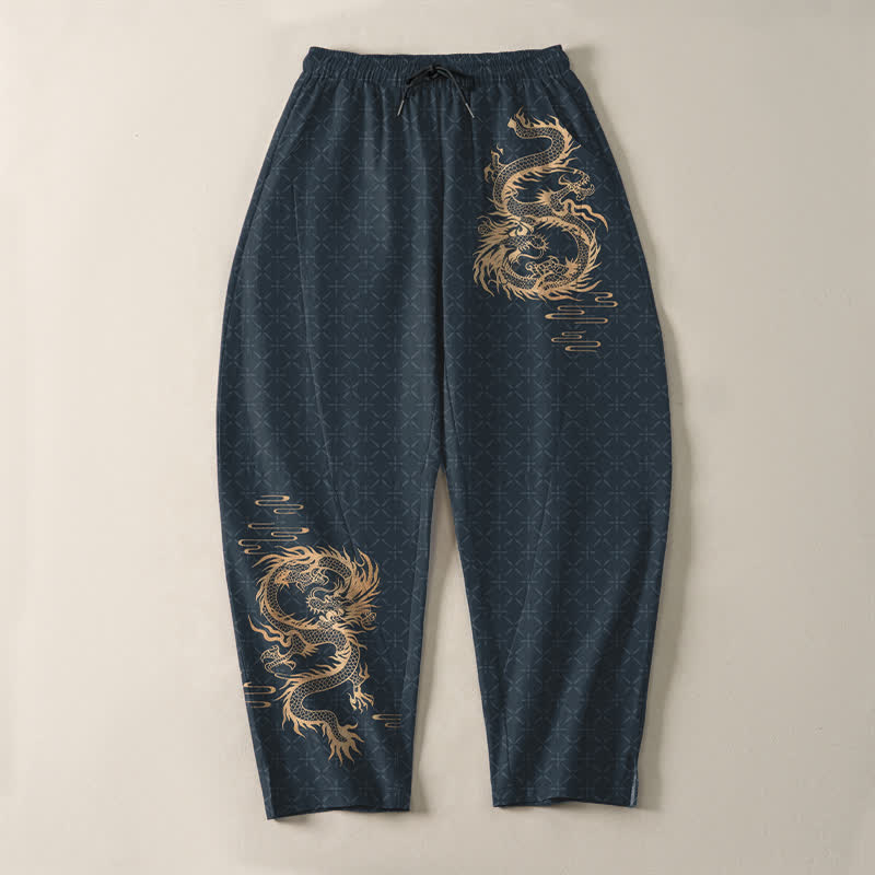 Buddha Stones Pantalones de hombre de algodón puro con estampado de dragón dorado, cordón ajustable y corte cónico, con bolsillos. - image 13