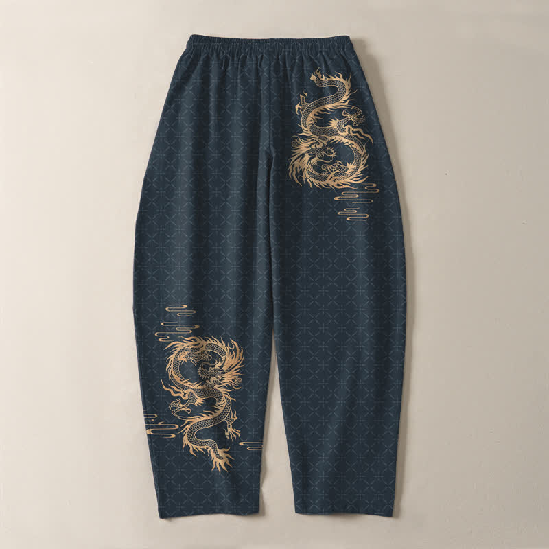 Buddha Stones Pantalones de hombre de algodón puro con estampado de dragón dorado, cordón ajustable y corte cónico, con bolsillos. - image 14