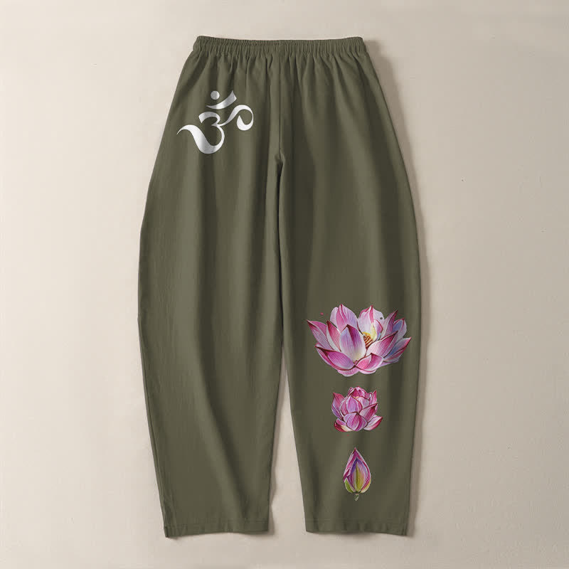 Buddha Stones Pantalones de hombre de algodón puro con estampado de loto rosa y cordón ajustable, corte cónico y bolsillos. - image 3