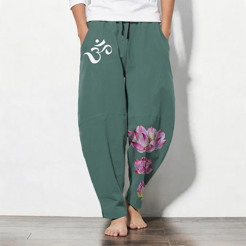 Buddha Stones Pantalones de hombre de algodón puro con estampado de loto rosa y cordón ajustable, corte cónico y bolsillos. - Verde azulado - US/UK/AU50, EU60 (5XL) - image 7