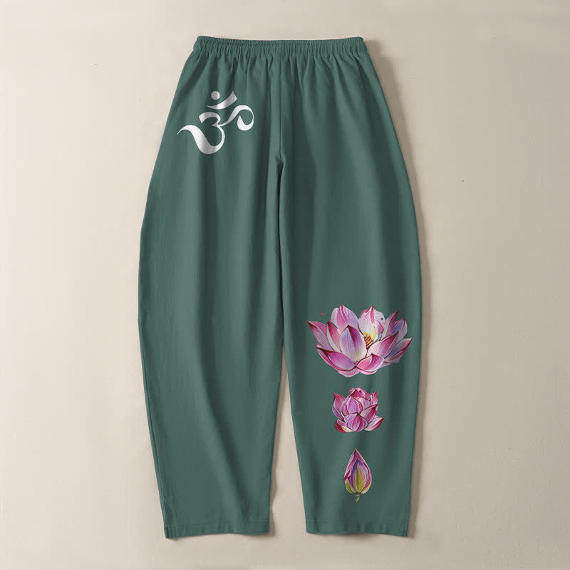 Buddha Stones Pantalones de hombre de algodón puro con estampado de loto rosa y cordón ajustable, corte cónico y bolsillos. - image 10