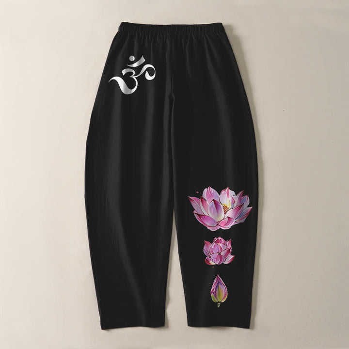 Buddha Stones Pantalones de hombre de algodón puro con estampado de loto rosa y cordón ajustable, corte cónico y bolsillos. - image 14